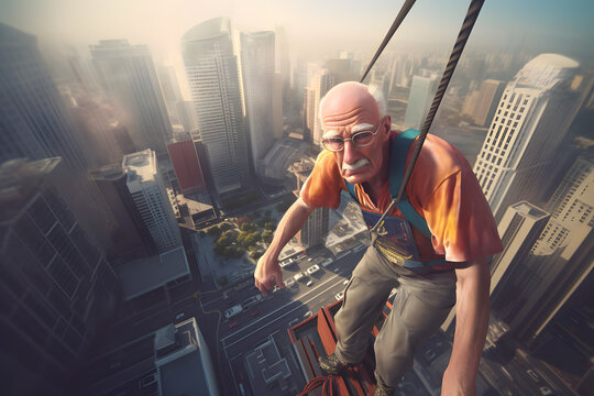 Base jumper man grandfather pensioner active old age bungee jumping scream from a skyscraper on the streets of the metropolis. Generative AI.