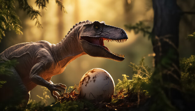 Tyrannosaurus rex with small egg in sunlight