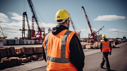 a man wearing full ppe standing looking at port cargo, container box at a goods port