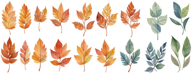Fototapeta na wymiar Watercolor leaves and branches,fall leaves on transparent background,generative ai