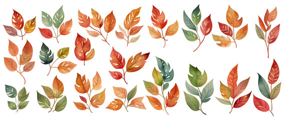 Watercolor leaves and branches,fall leaves on transparent background,generative ai