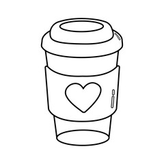 Simple outline paper coffee cup in cute style with heart. Vector illustration, isolated on a white background with live stroke