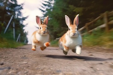 a pair of rabbits running