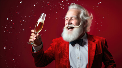 Portrait of a cheerful senior man celebrating and drinking champagne in studio against a red background. Generative ai