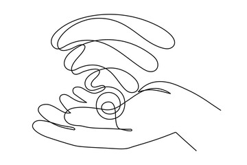 Hand with WI-FI signal one line art,hand drawn palms holds internet hotspot,access point continuous contour.Free zone wireless online concept,template outline.Editable stroke.Isolated.Vector