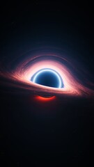 Giant singularity in outer cosmos. Vertical 3D illustration astrology background. Interstellar black hole with glowing rotating accretion disk. Background cosmos of wormhole warped in curved space. - obrazy, fototapety, plakaty