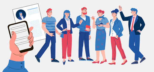 Obraz premium Hiring and head hunting, recruitment banner concept with people characters, flat isolated vector illustration.