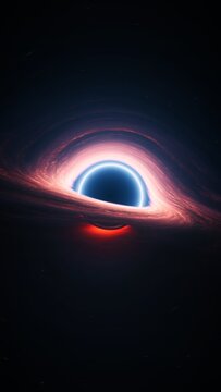 Giant singularity in outer cosmos. Vertical 3D illustration astrology background. Interstellar black hole with glowing rotating accretion disk. Background cosmos of wormhole warped in curved space.