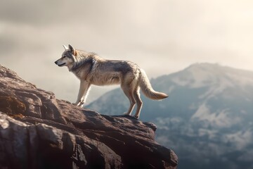 a wolf on a rocky mountain
