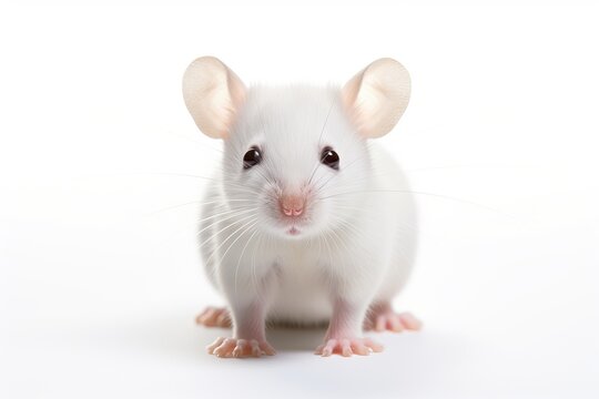 Close-up view of a little laboratory mouse looks into the camera. Photo on a white background. AI generated image.