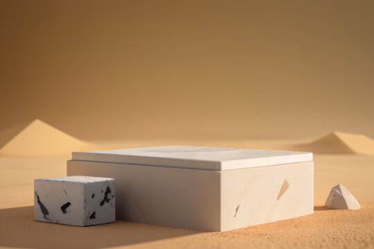 Naturalism design, square shape, podium display, light and shadow, brown and sand theme, minimal style - 3d rendering.