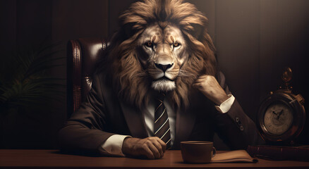 Portrait of a business lion with a suit sitting in the office, illustration, AI GENERATIVE