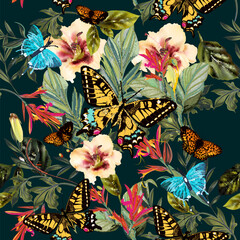 Fashion vector seamless pattern tropical  leaves and butterflies