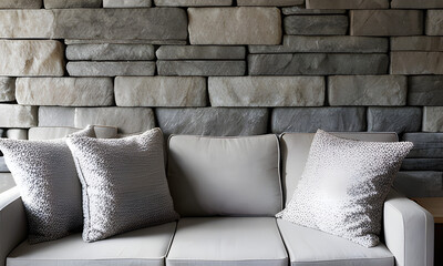 light grey colour morden living room sofa with pillows in front of a natural stone wall