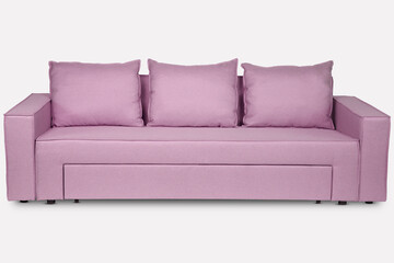 Light pink color scandinavian style contemporary sofa on white background with modern and minimal furniture design. Including clipping path