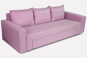 Side view of light pink color scandinavian style contemporary sofa on white background with modern and minimal furniture design. Including clipping path