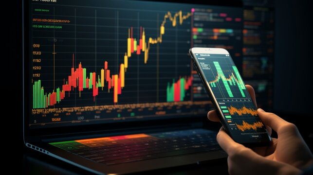 A computer and a mobile screen with trading, stock exchange and crypto currency charts. Generative AI