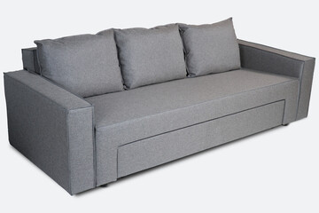 Side view of gray color scandinavian style contemporary sofa on white background with modern and minimal furniture design. Including clipping path
