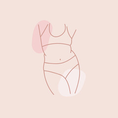 Woman body. Female outline in swimsuit or underwear. Hand drawn pastel pink minimal illustration. Sexy beautiful plus size female character in bra and panties. Card or poster. Vector isolated set