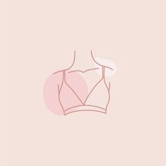 Woman body. Female breast outline in swimsuit or underwear. Hand drawn pastel pink minimal illustration. Sexy beautiful skin female character in bra. Cards or posters. Vector isolated set
