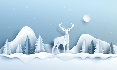 Fototapeta na wymiar Reindeer with christmas tree and snow