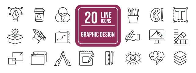 Graphic design simple minimal thin line icons. Related graphic desiigner creativity, tools, drawing. Editable stroke. Vector illustration.