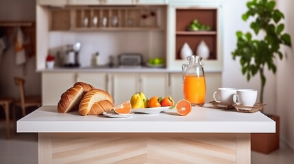 Fototapeta na wymiar Interior of small white kitchen with fresh fruit, two glasses of orange juice, baguette, red caviar, croissant and cookies with chocolate chips on the table. Generative AI
