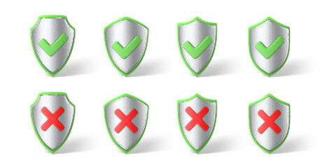 Correct and incorrect sign on shields. Right and wrong marks. Green tick and red cross symbol. True, false checkbox. Access denied and allowed, verification concept. Vector 3D illustration