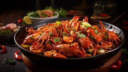 Asian spicy seafood on black background