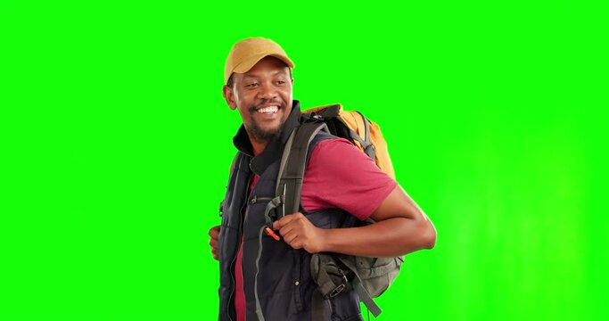 Hiking, green screen and black man with a smile, travel and adventure against a studio background. Male person, hiker or traveler with a journey, tourism or trekking with vacation, happiness or relax