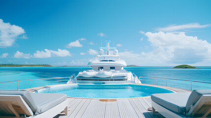 Swimming pool with sunbeds and luxury yachts on background