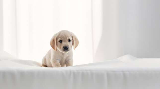 Cute Labrador puppy sitting on the white bed in a light home interior. Ai generative.