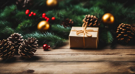 Naklejka na ściany i meble Christmas gift- Pine cones and branches On the wood. Generative AI