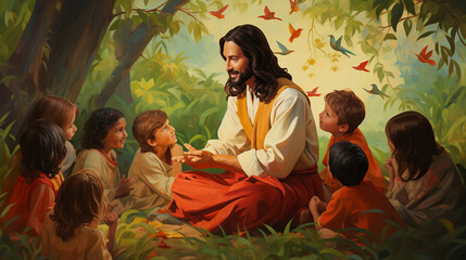jesus sitting in the forest and teaches kids, after St. Matthew, let the little children come to me, and do not hinder them