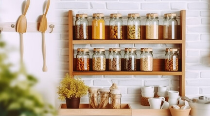 Countertop Spice Rack KItchen Indoor Interior. Kitchenware Utensils on Wooden Strip Indoors Food Store Bunch of Dried Herbs. Generative AI