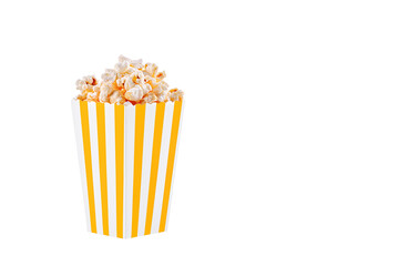 cardboard glass yellow with popcorn on a white transparent background close-up