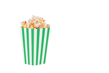 cardboard glass green with popcorn on a white transparent background close-up