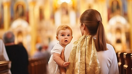 Mother holding baby girl in orthodox church during epiphany ceremony. Generative AI