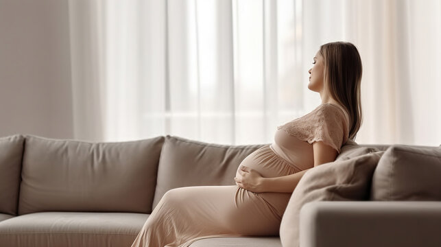 Young beautiful woman on second trimester of pregnancy. Pregnant female on the couch wearing beige dress with arms on her round belly. Expecting a child concept.Generative AI