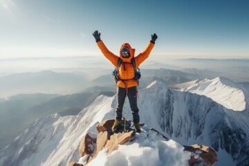 Naklejka na ściany i meble Mountain climber celebrating success on top of mountain. Generative AI 13