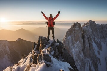 Mountain climber celebrating success on top of mountain. Generative AI