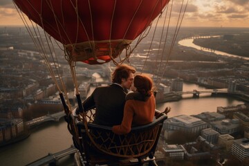 Two young lovers in a hot air balloon over London. Generative AI 1