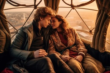 Two young lovers in a hot air balloon over London. Generative AI 2
