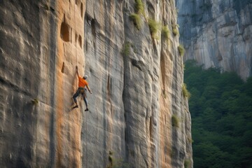 Extreme climber climbs a vertical wall in the Italian Alps during the summer season. Generative AI 2