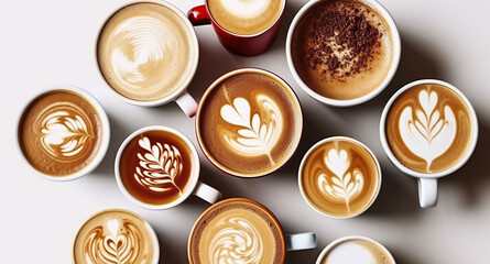 Buch of coffee cups with different kind of beverage and different latte art foam designs. Top view, close up, copy space, Generative AI