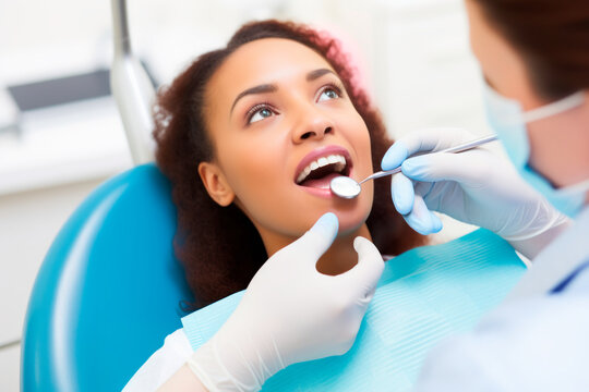 An African-American woman in a dental clinic while undergoing an oral inspection by the dentist