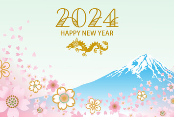 2024年　辰年　年賀状 - 龍と桜吹雪　富士山背景