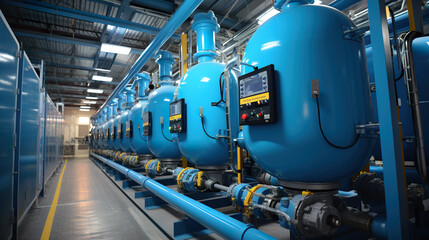A row of blue pipes and valves in a building. Generative AI. Industrial boiler room and water factory.
