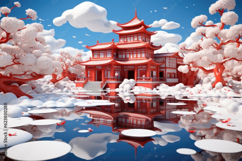 Poster a large red building surrounded by trees and water. generative ai.