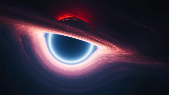 Interstellar black hole in outer cosmos. Giant singularity with glowing rotating accretion disk. Concept 3d animation tracking wide shot. Cosmos around wormhole warps in curved space and space-time.